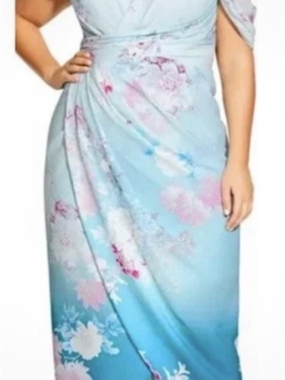 City Chic Light Blue Floral Wrap Maxi Dress with Pink Accents